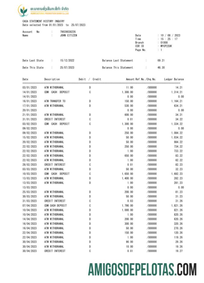 Extrato bancário de promoção agrícola do Laos para impressão, modelo Word e PDF, 3 páginas Scr